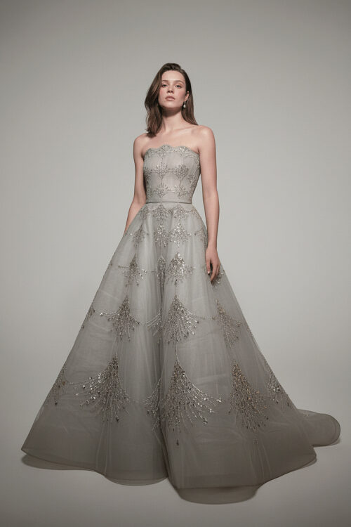 Silver Embroidered Strapless Tulle Couture Dress