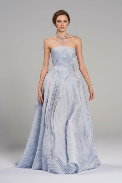 Ice Blue Strapless Sculpted Pleated Couture Gown