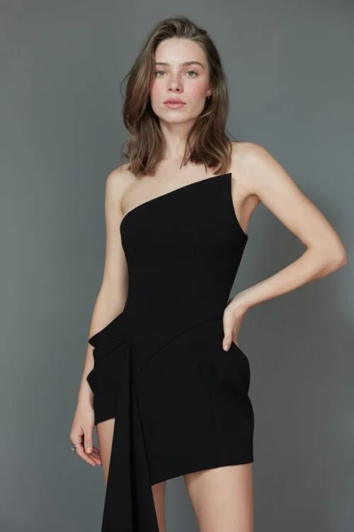 Black One Shoulder Draped Mini Dress