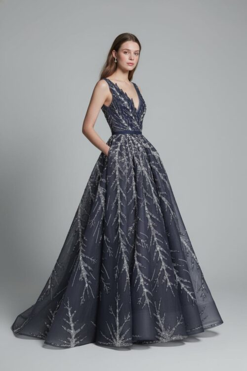 Midnight Leaf Embroidered Evening Dress