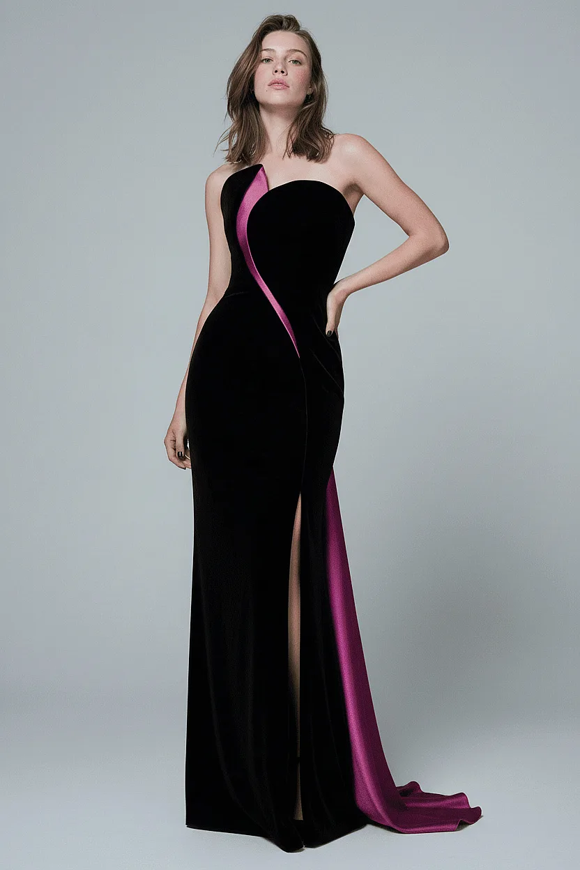 Black Velvet One Shoulder Gown with Fuchsia Satin Detail - 1