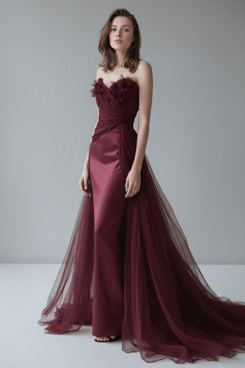 Burgundy Draped Strapless Dress with Tulle Train