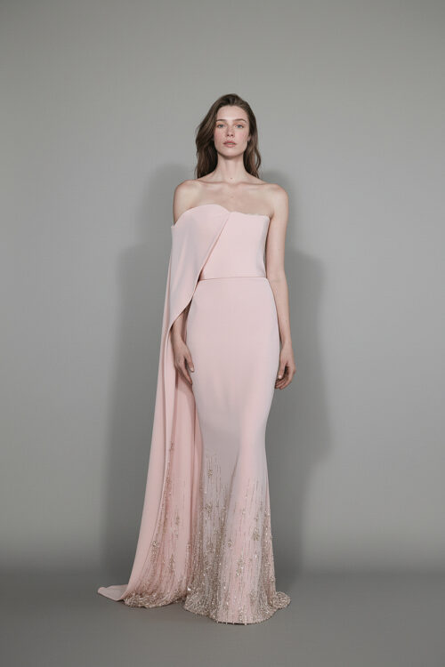 Blush Draped Strapless Evening Dress with Embellished Hem