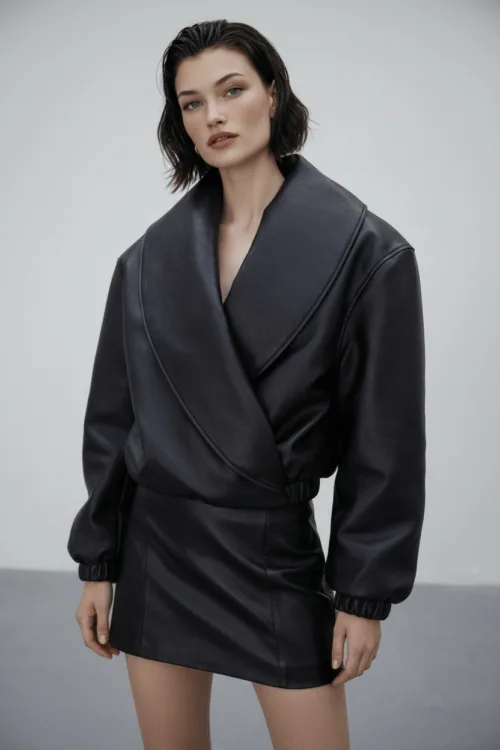 Wrap Collar Leather Jacket & Mini Skirt Set