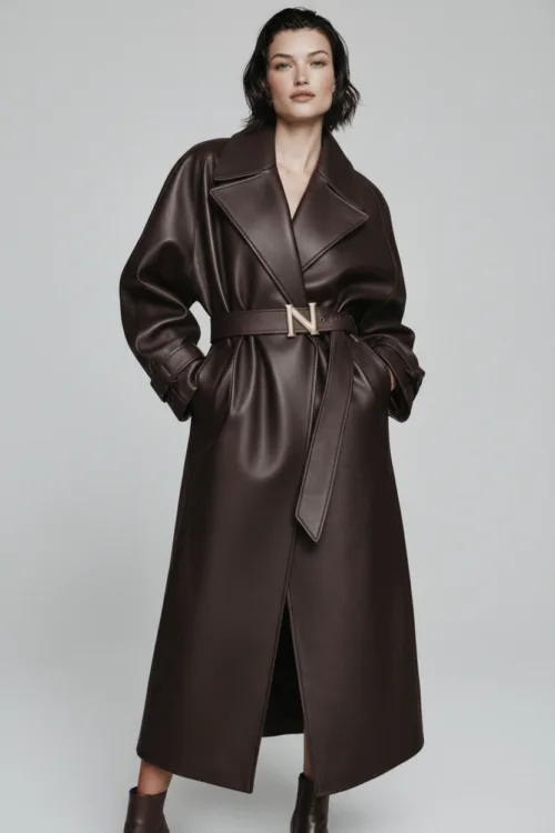 Belted Leather Trench Coat with N Buckle