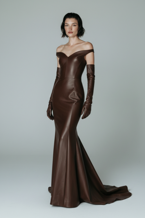 OffShoulder Mermaid Cut Leather Evening Dress with Gloves