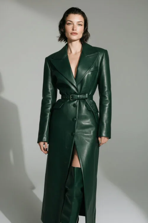 Emerald Green Belted Leather Coat Dress