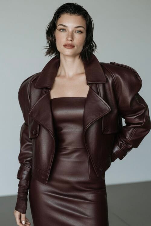 Burgundy Cropped Leather Jacket