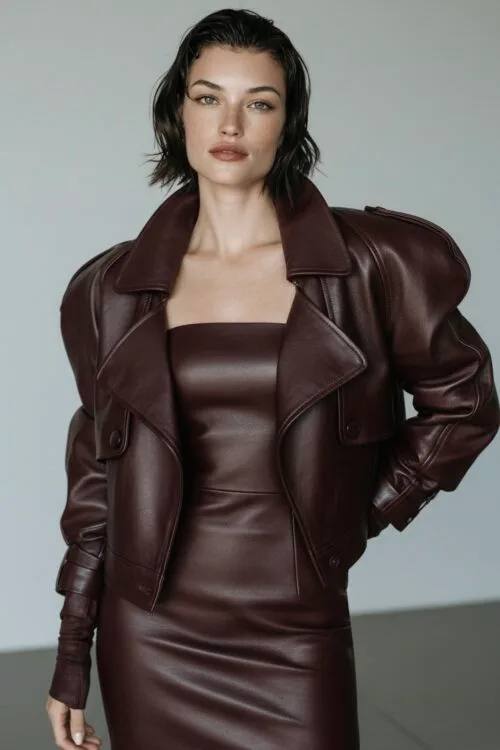 Burgundy Cropped Leather Jacket