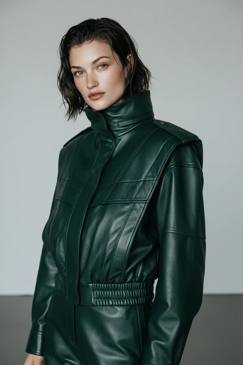 Emerald Green High Stand Collar Leather Jacket - 1