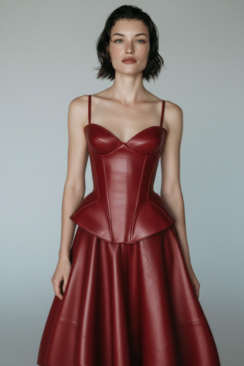 Burgundy Leather Corset Bodice Midi Dress with Peplum Waist and Full Circle Skirt