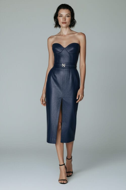 Strapless Corset Leather Midi Dress with Front Slit
