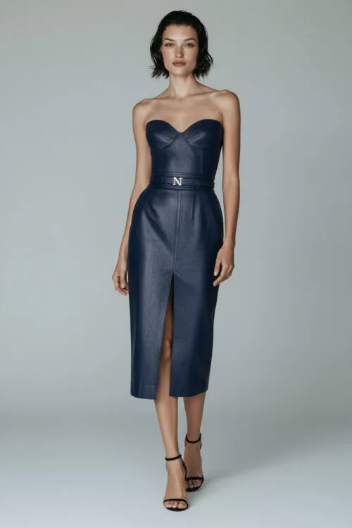 Strapless Corset Leather Midi Dress with Front Slit