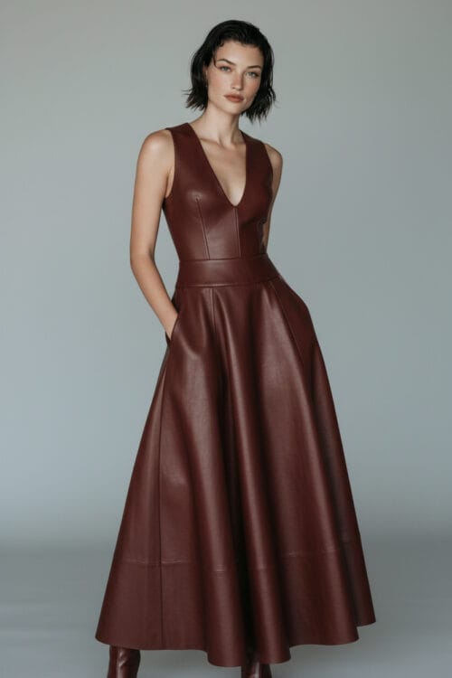 Deep V Leather A Line Maxi Dress