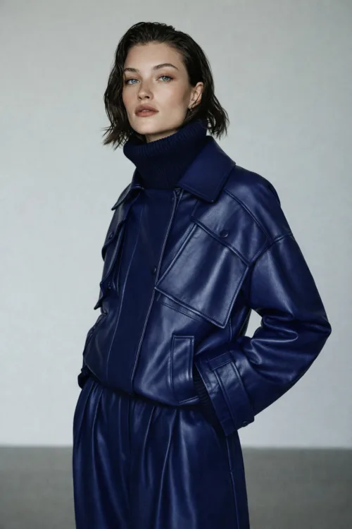 Leather Jacket with High Collar Oversized Pockets