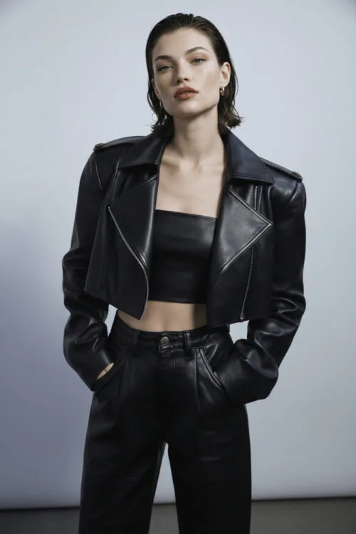Black Cropped Leather Biker Jacket