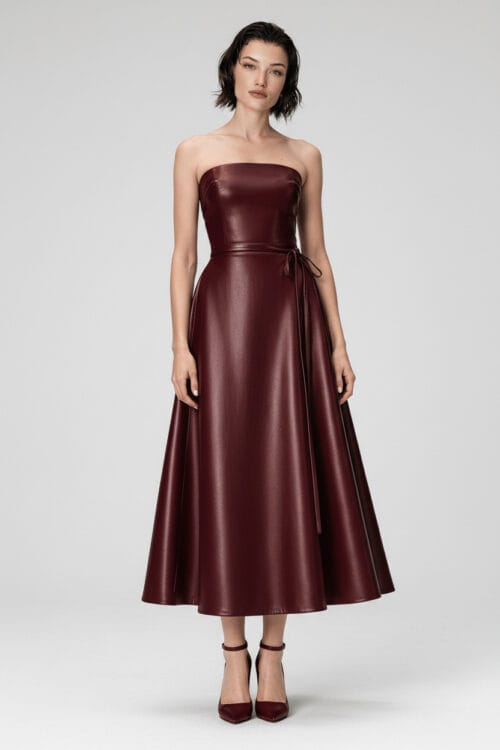 Dark Cherry Strapless ALine Leather Midi Dress