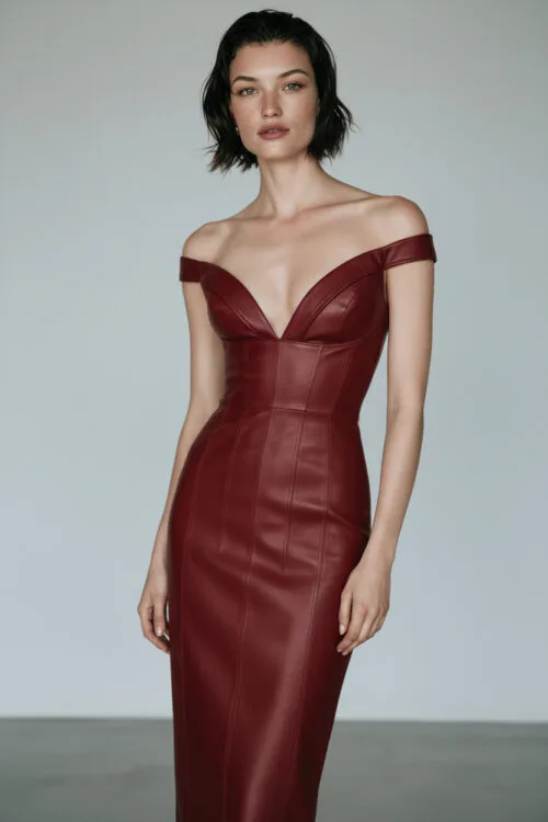 OffShoulder Deep Cherry Leather Midi Dress with Sculpted Corset Bodice Pencil Skirt