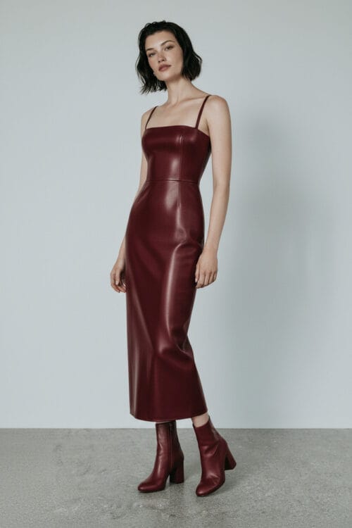 Spaghetti Strap Burgundy Leather Midi Dress