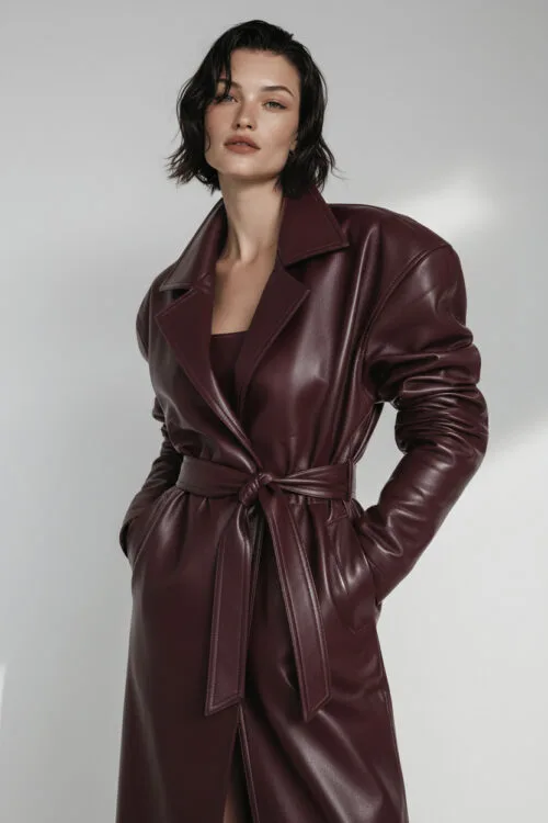Burgundy Leather Trench Silhouette with Sculpted Shoulders and Waist Belt