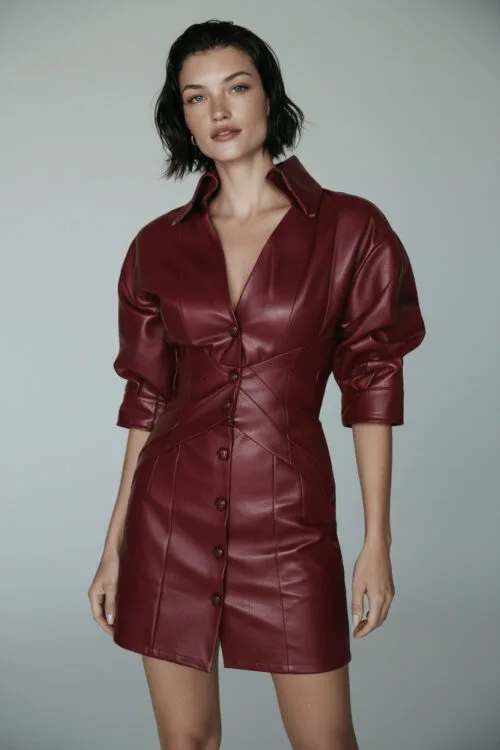 Deep V Neck Burgundy Leather Mini with Corset Waist Paneling and Puff Sleeves