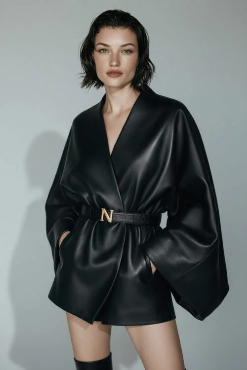 Black Leather Kimono Sleeve Jacket