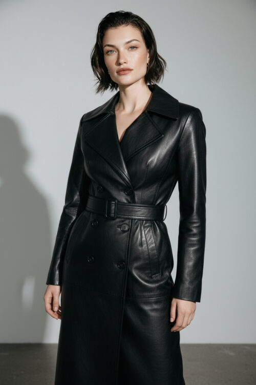 Black Belted Double Breasted Leather Trench Coat