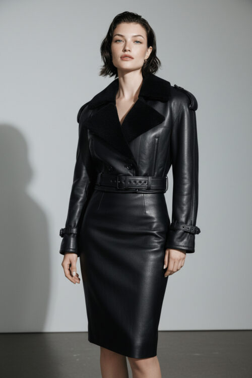 Shearling Collar Belted Leather Jacket