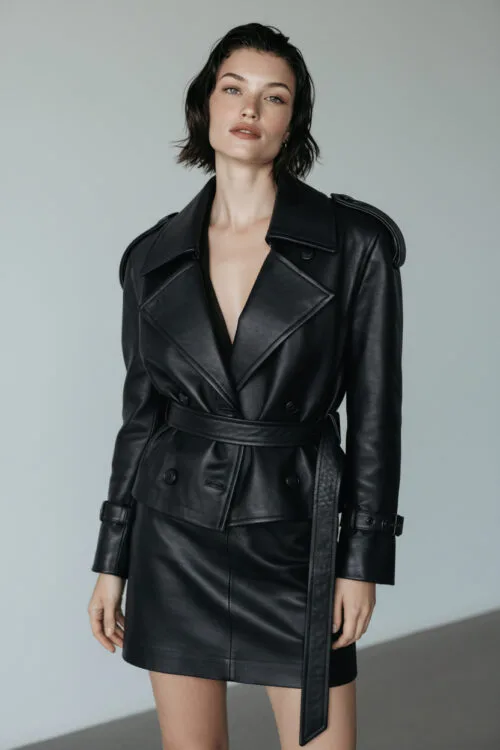 Belted Double Breasted Leather Jacket
