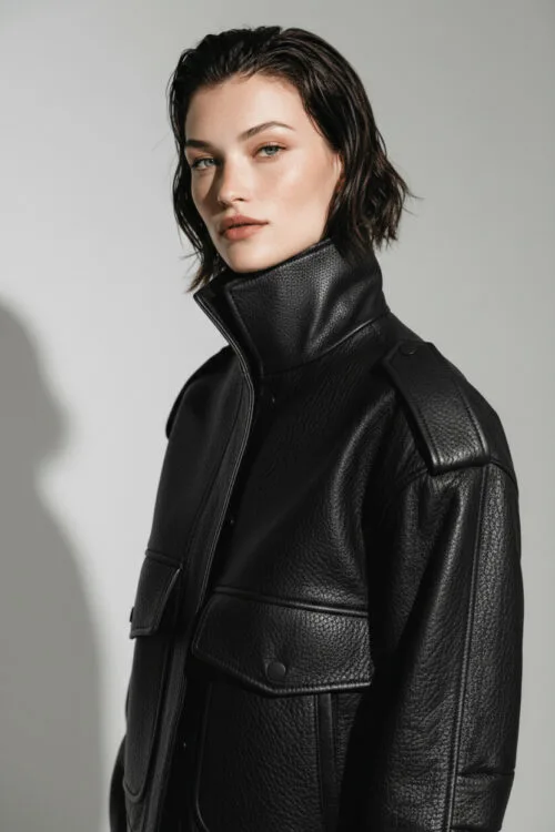 High Collar Structured Leather Jacket