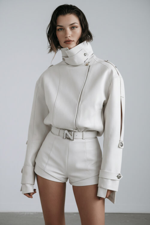 Ivory High Collar Zipped Leather Jacket with N Belt Detail