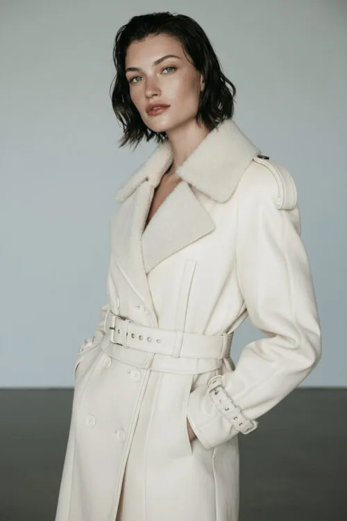 Ivory Shearling Collar Double Breasted Leather Trench Jacket