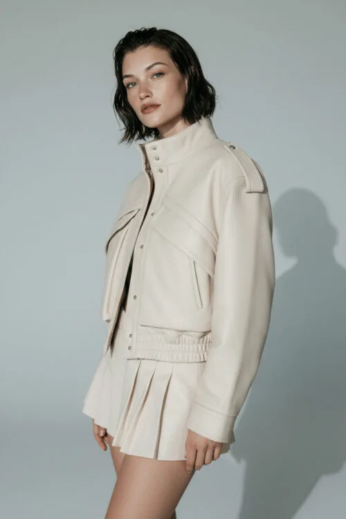 Ivory High Collar Structured Leather Jacket with Epaulettes