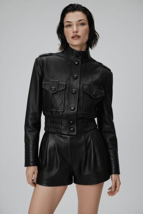 Black Quilted Military Leather Couture Jacket
