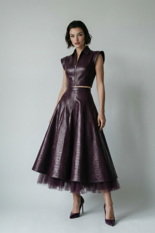 Burgundy Crocodile Embossed Leather Pencil Skirt