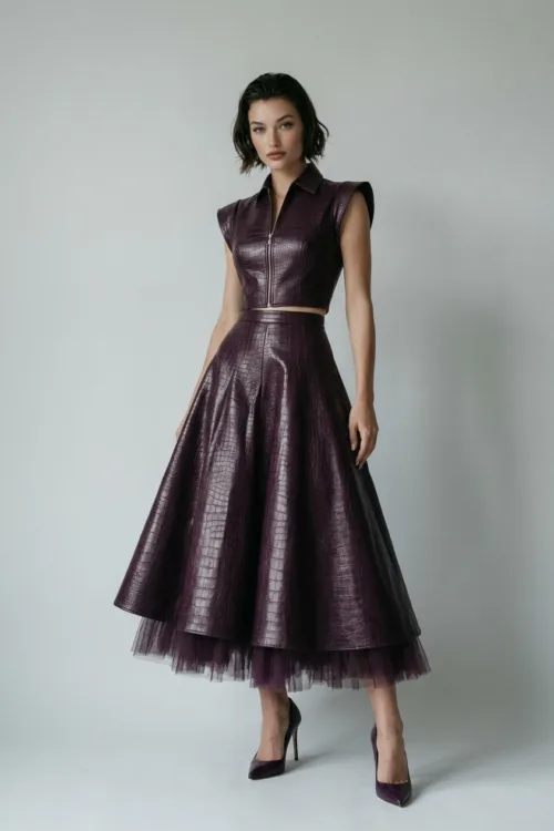 Burgundy Crocodile Embossed Leather Pencil Skirt