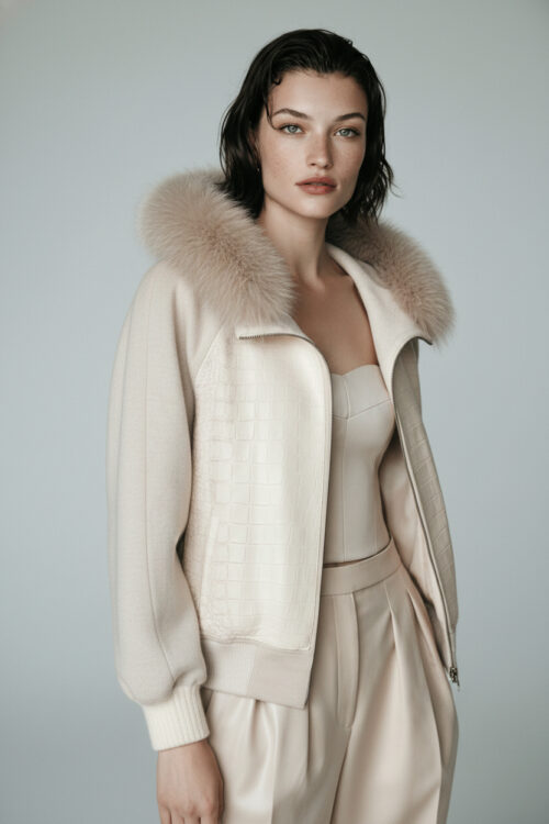 Ivory Fur Collar Crocodile Embossed Leather Jacket