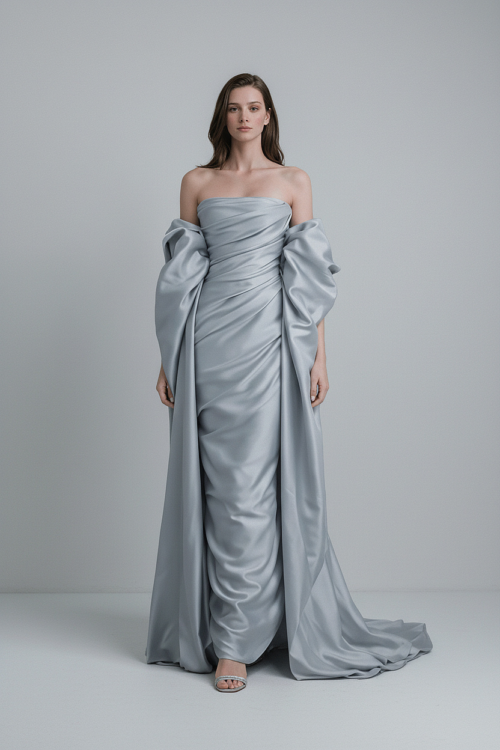 Silver Grey Draped Satin Evening Dress with Soft Sleeves