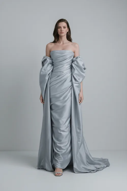 Silver Grey Draped Satin Evening Dress with Soft Sleeves