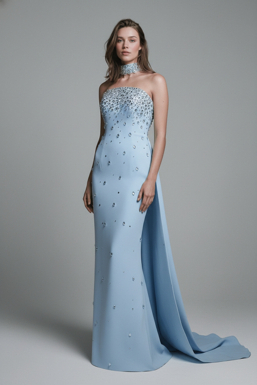 Ice Blue Embellished Strapless Couture Gown with Train