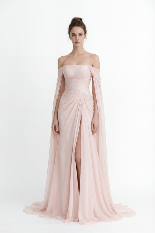 Off-Shoulder Draped Chiffon Dress with Flowing Sleeve Panels
