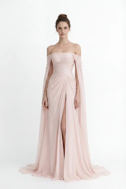 Off-Shoulder Draped Chiffon Dress with Flowing Sleeve Panels
