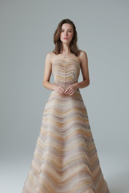 Strapless Multi Tone Organza Embellished Wave Ball Gown - 4