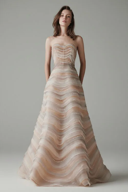 Strapless Multi Tone Organza Embellished Wave Ball Gown