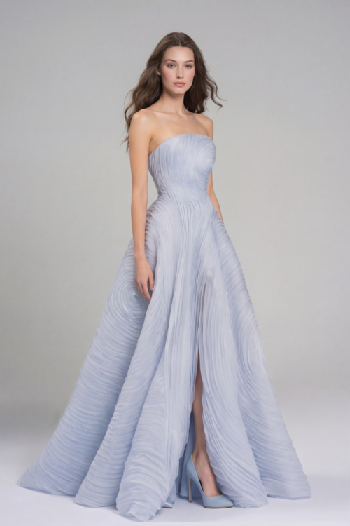 Ice Blue Strapless Sculpted Pleated Couture Gown