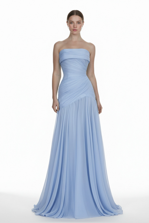 Strapless Draped Chiffon Long Evening Dress