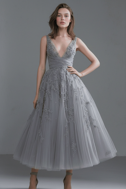 Silver Lace Tulle Midi Couture Dress