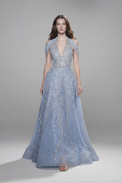 Ice Blue Crystal Embellished Halter Evening Dress