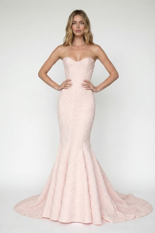Strapless Sculpted Mermaid Dress with Textured Pleat Detailing