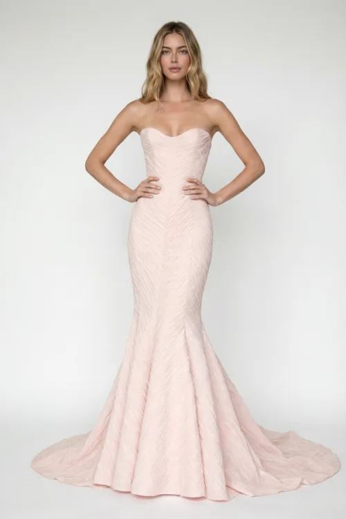 Strapless Sculpted Mermaid Dress with Textured Pleat Detailing